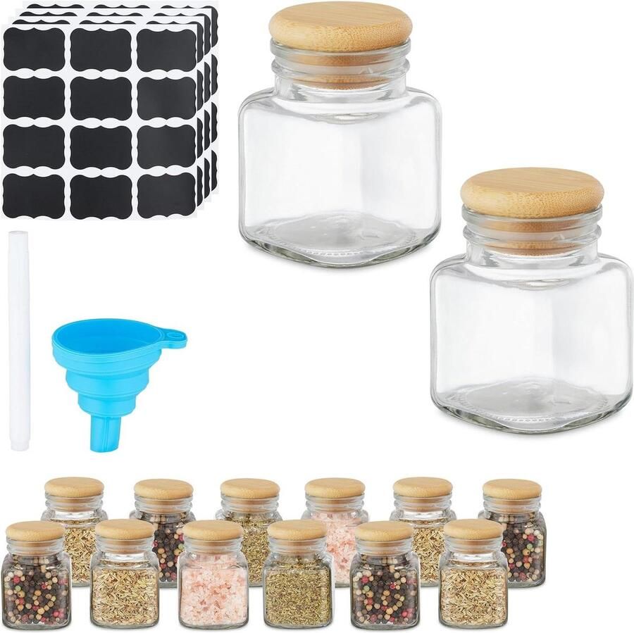 Spice Jar Set of 14 Glass Jars 100 ml with Bamboo Caps Includes Label Pen and Funnel