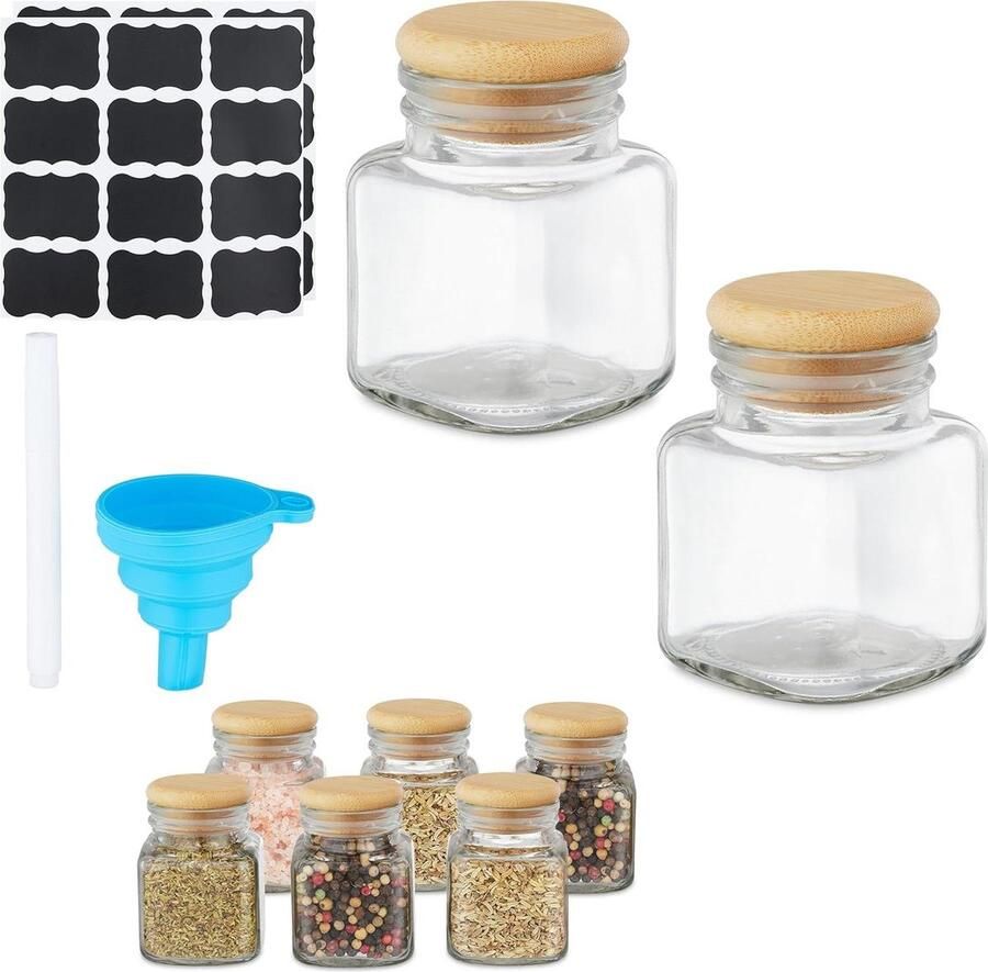 Spice Jar Set of 8 100 ml Glass Jars with Bamboo Caps Includes Label Pen and Funnel