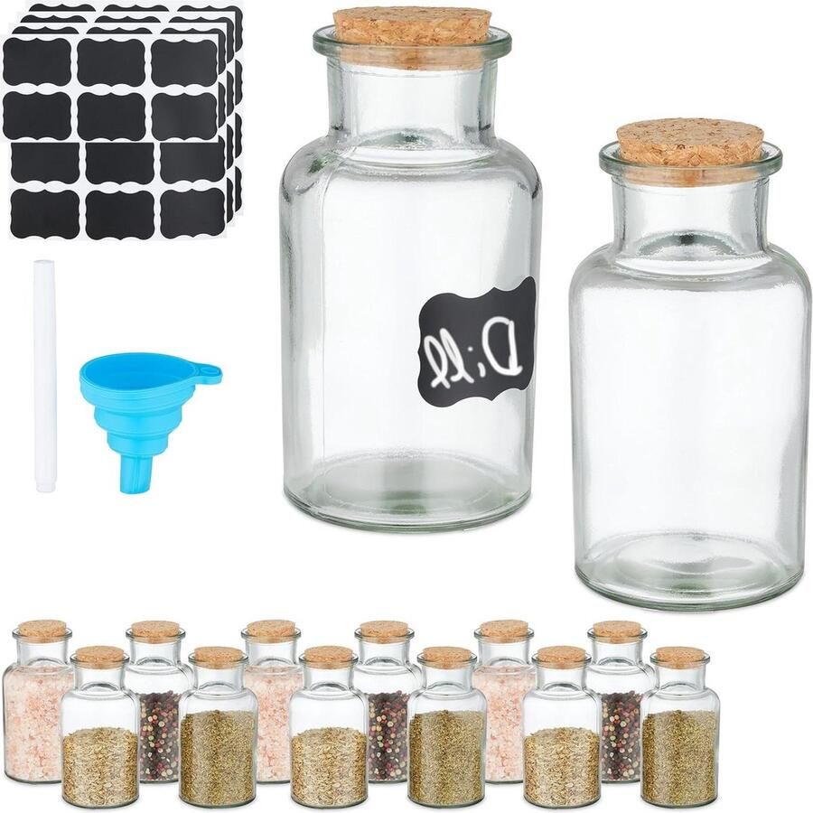 Spice Jars Set of 14 Glass Jars 250 ml with Cork Cap Labels Pen Funnel Transparent