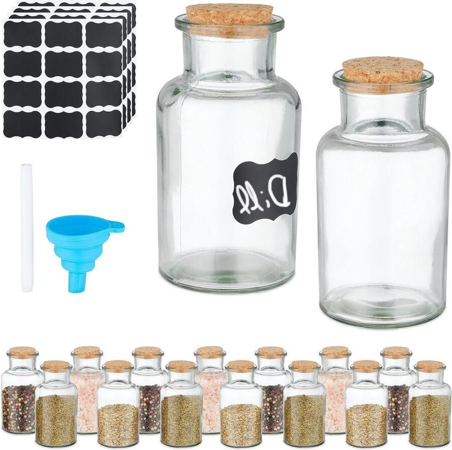 Spice Jars Set of 16 250 ml Glass Jars with Cork Cap Organizing Labels Pen and Funnel