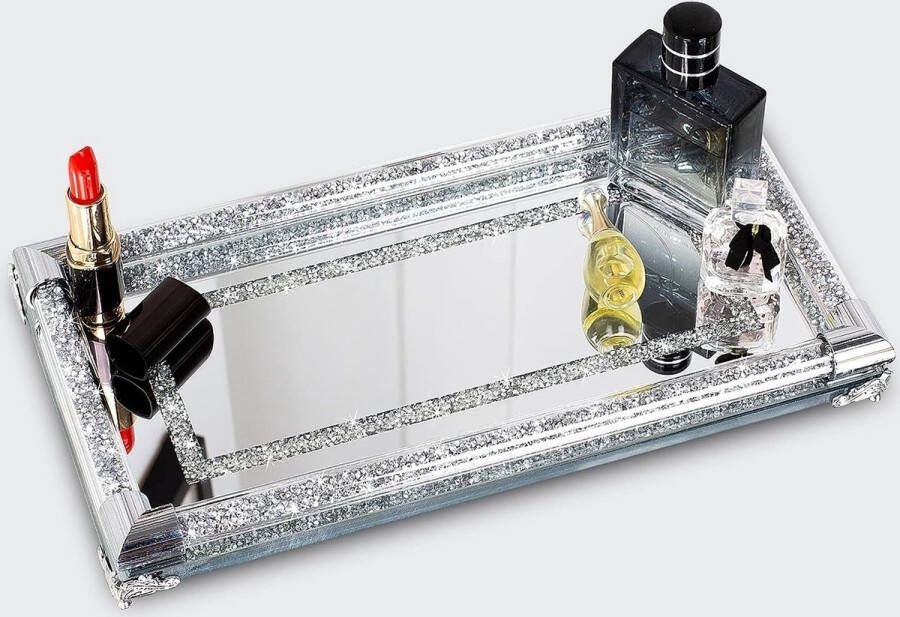 Spiegelende dienblad kristallen make-up organizer zilveren glazen parfum dienblad voor decoratie van de kaptafel make-up dienblad 32 x 17 x 4 cm