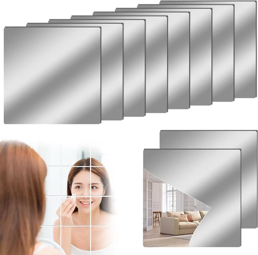 Senza Marchio Spiegeltegels plakspiegels 10 stuks frameloze wandspiegels zelfklevende flexibele spiegel wandspiegel van acryl voor kast muur school thuis woonkamer badkamer 20 x 20 cm