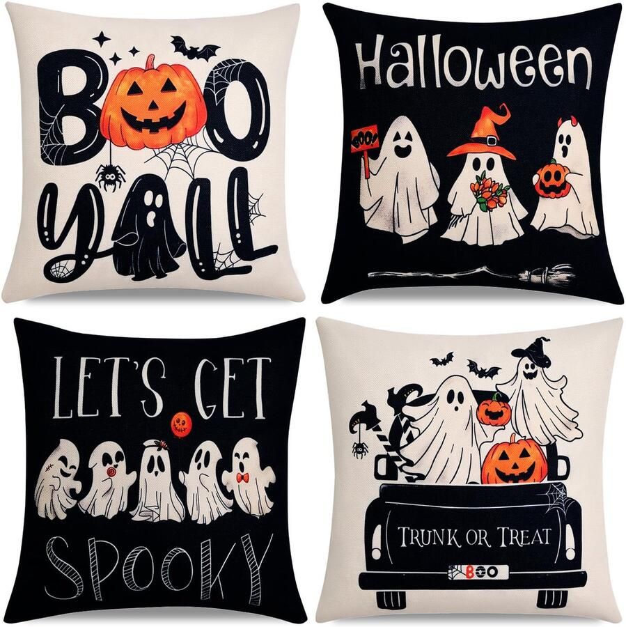 Spookachtige Halloween-decoratie Kussenhoezen 18x18 inch set van 4 Spookachtige Gotische linnen kussensloop voor op de bank herfst kerstvakantie buitendecoratie in verbrand oranje zwart en wit(Kussenkern niet inbegrepen)