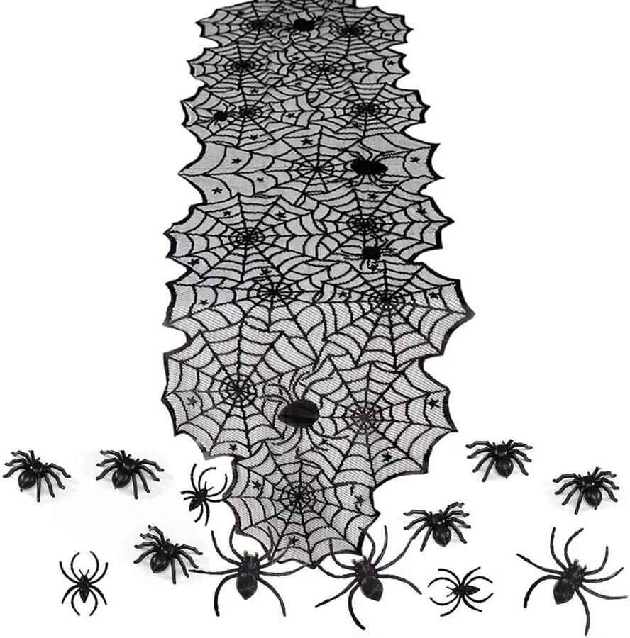 Spookachtige tafelloper met spinnen Halloween decoratie set van 1 zwart kant 180 x 45 cm