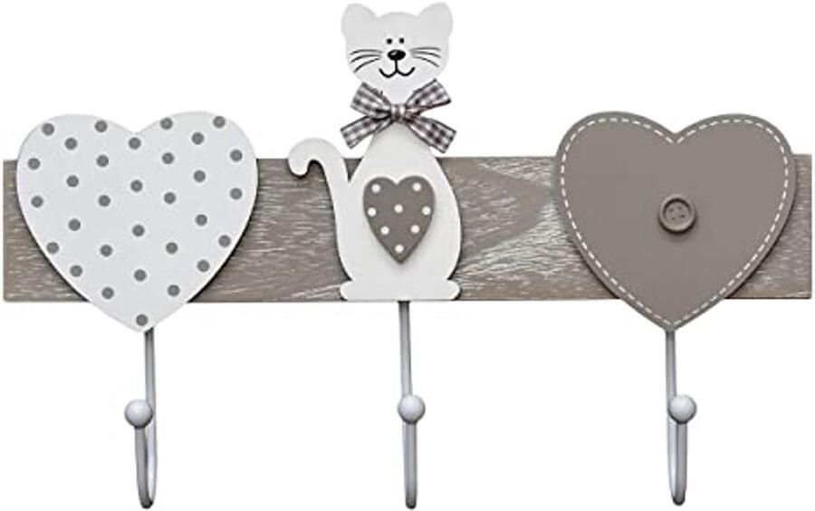 SPOTTED DOG GIFT COMPANY Kapstokhaak kapstokhaakrek Decoratieve grijze muurhaken hout in kattenmotief 3 haken dier decoratieve huisdecoratie voor muur