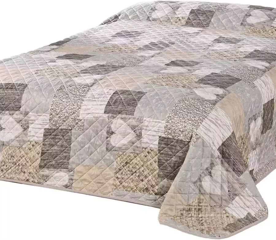 Spread bedsprei tweepersoonsbed met hartjes patchwork bruin 200 x 220 cm