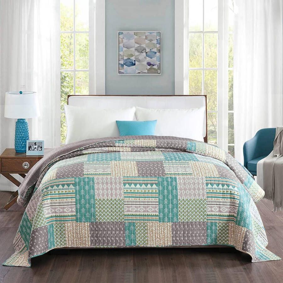 Sprei 170 x 210 cm bedsprei quilt patchwork omkeerbaar design dekbed gewatteerde deken tweepersoonsbed gevoerd en gewatteerd