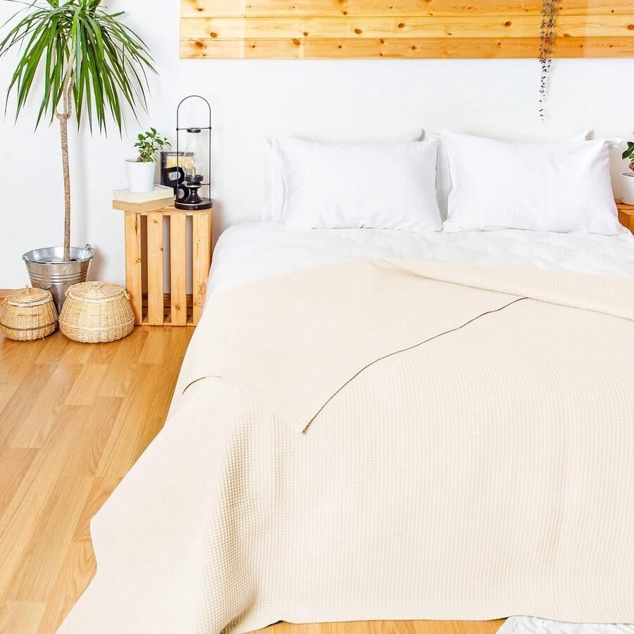 Sprei 180 x 220 cm Wafelpiqué 100% Katoen Lichte Zomer Deken Katoenen Deken voor Bed en Bank Luchtig (Crème)