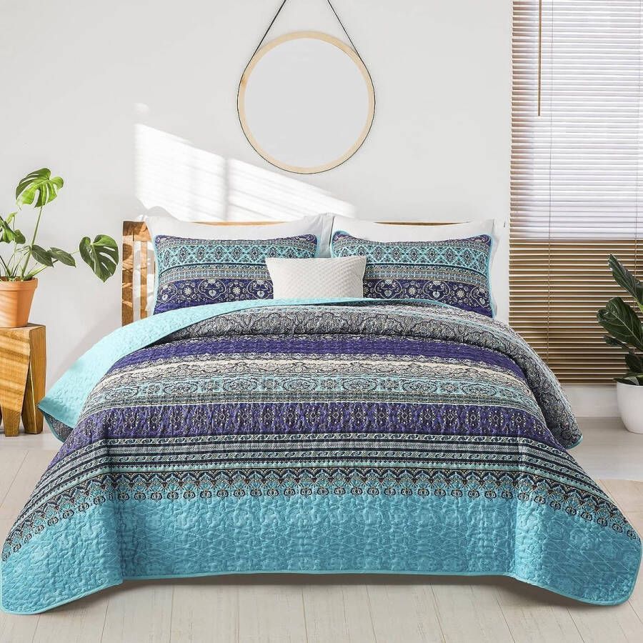 sprei 200 x 220 cm bedsprei Boho deken quilt 3-delig tweepersoonsbed gewatteerd dekbed microvezel deken met 2 kussenslopen 50 x 75 cm voor slaapkamer als banksprei (blauw)