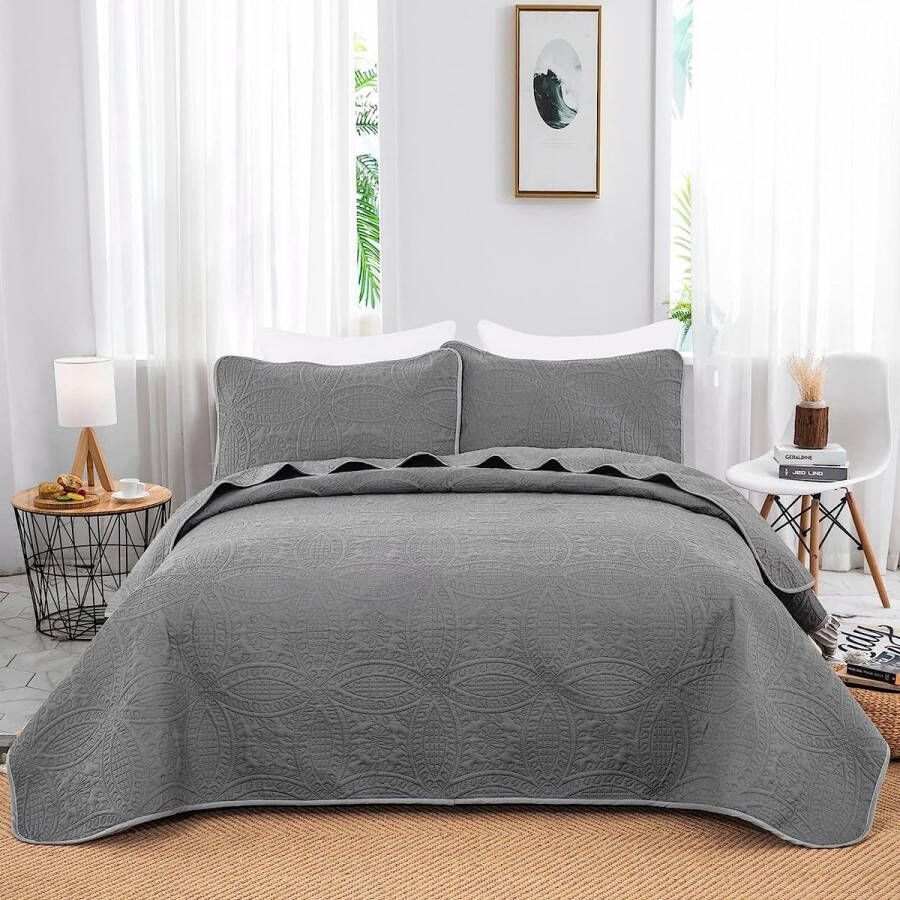 Sprei 200 x 220 cm bedsprei grijze deken microvezel gewatteerd dekbed tweepersoonsbed dekbeddeken als slaapkamerdekbed met 2 x 50 x 70 cm kussenslopen voor bed