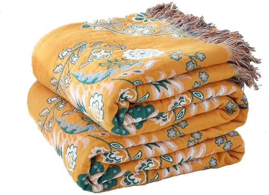 Sprei 200 x 230 cm katoen omkeerbare deken knuffeldek dubbelzijdige boho-deken geel en groen knuffeldeken met franjes bedsprei superzacht katoenmateriaal voor televisie of snap op de stoel