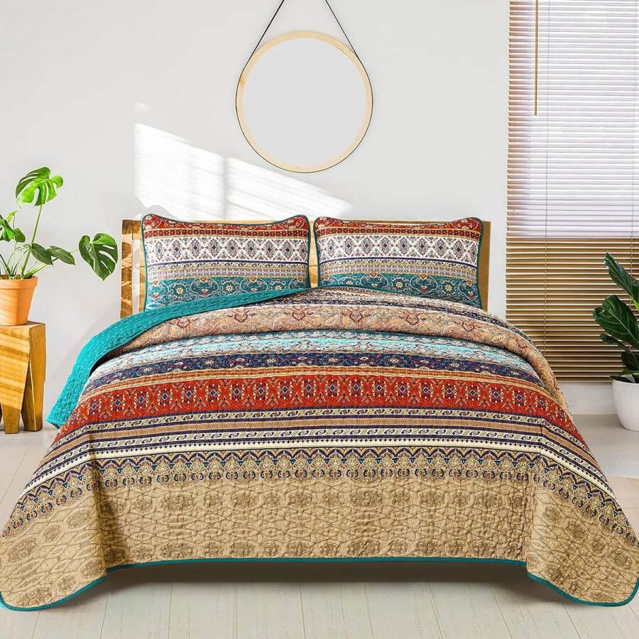 Sprei 220 x 240 cm bedsprei Boho deken quilt 3-delig tweepersoonsbed gewatteerd dekbed microvezel deken met 2 kussenslopen 50 x 75 cm voor slaapkamer als banksprei (bruin)