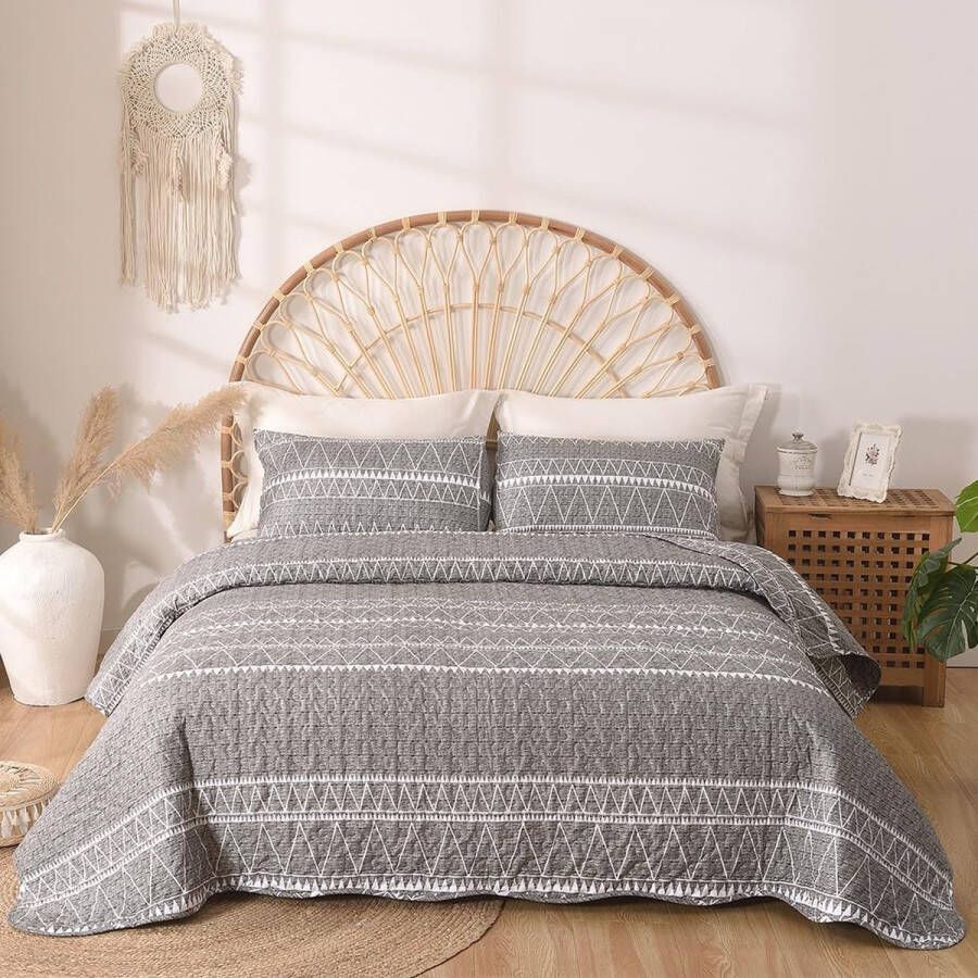 Sprei 220 x 240 cm bedsprei Boho-stijl quilt tweepersoonsbed gewatteerd microvezel dekbed deken 3-delig deken met 2 kussenslopen 50 x 70 cm voor slaapkamer (Bohemian grijs)