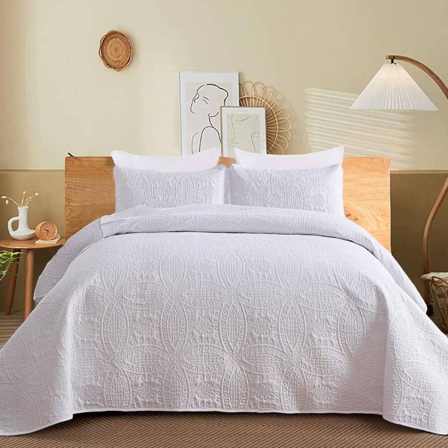 Sprei 220 x 240 cm bedsprei wit microvezel gewatteerd dekbedovertrek tweepersoonsbed gewatteerde deken als slaapkamerdekbed met 2 x 50 x 70 cm kussensloop voor bed