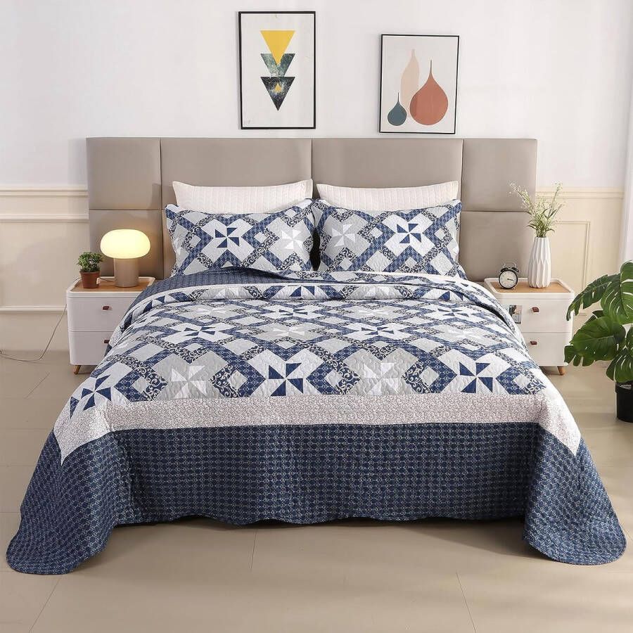 Sprei 220 x 240 cm blauw sprei in landelijke stijl microvezel spreienset met 2 kussenslopen 50 x 75 cm voor tweepersoonsbed lichtgewicht zomerdeken banksprei deken