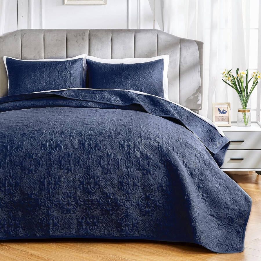 Senza Marchio Sprei 220 x 240 cm blauw ultrazachte sprei bedsprei van microvezel doorgestikt met 2 kussenslopen bankdeken woondeken voor bed