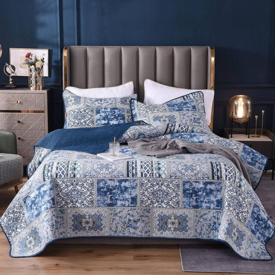 Sprei 220 x 240 cm blauwe bedsprei voor tweepersoonsbed vintage stijl gewatteerde zomerdeken met kussenset van katoen en polyester shabby chic