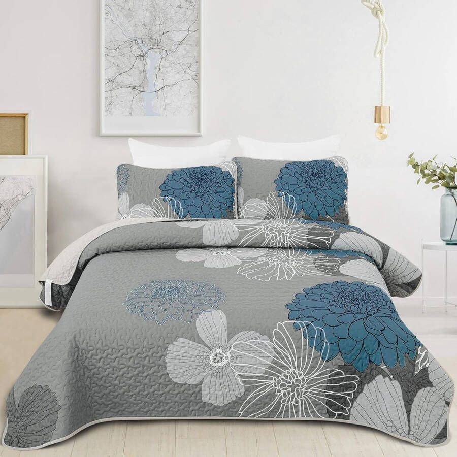 Sprei 220 x 240 cm blauwe bloemen bedsprei zachte zomerdeken gewatteerde deken voor tweepersoonsbed microvezel dekbed met 2 kussenslopen 48 x 75 cm