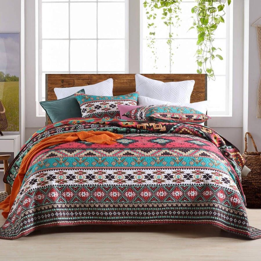 Sprei 220 x 240 cm boho-stijl deken van microvezel voor bed Indiaas tweepersoonsbed bedsprei kleurrijke gewatteerde dekenset met kussen