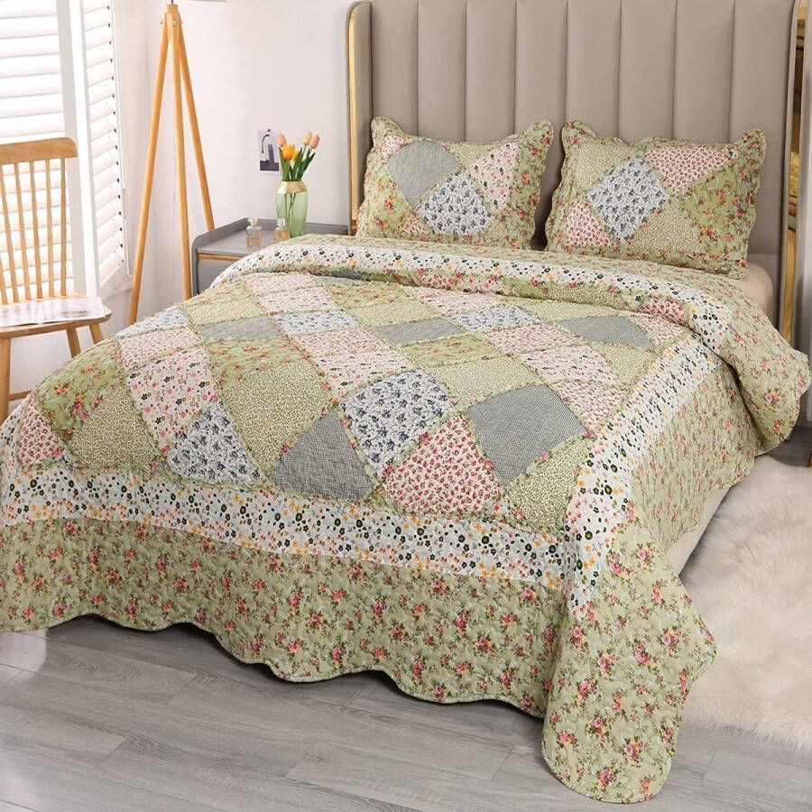 Sprei 220 x 240 cm groen patchwork bedsprei tweepersoonsbed gewatteerde deken 3-delig microvezel dekbed met 2 kussenslopen van 50 x 70 cm voor de slaapkamer als bankovertrek