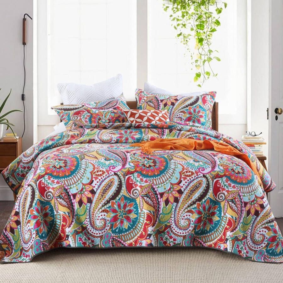 Sprei 220 x 240 cm katoen boho-stijl bedsprei voor tweepersoonsbed kleurrijk gewatteerde deken voor de zomer 230 x 250 cm met kussenset paisley