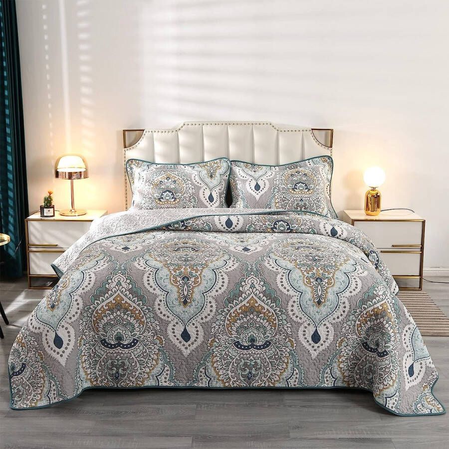 Sprei 220 x 240 cm Katoen Vintage Barok Bedsprei Tweepersoonsbed Lichte en dunne gewatteerde deken voor de zomer Gewatteerde set met 2 kussenslopen Bedsprei Deken Omkeerbaar ontwerp