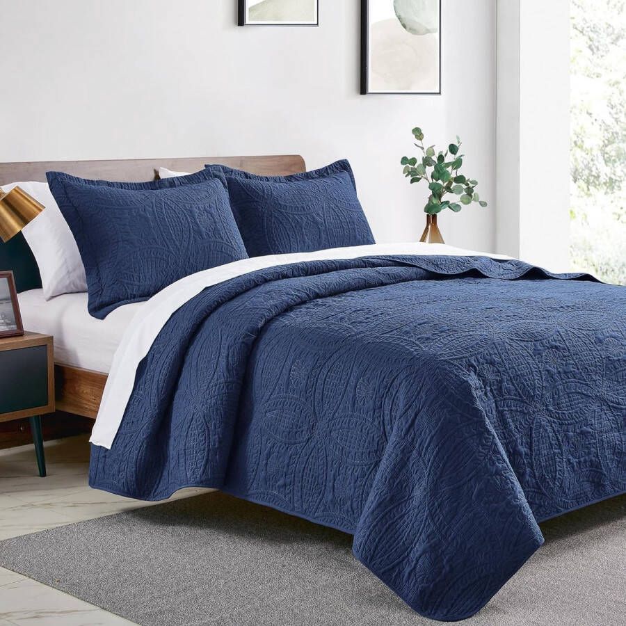 Sprei 220 x 240 cm marineblauw ultrazacht bed quilt lichte microvezel sprei bedsprei 220 x 240 cm moderne sprei met muntpatroon voor alle seizoenen (zonder kussensloop)