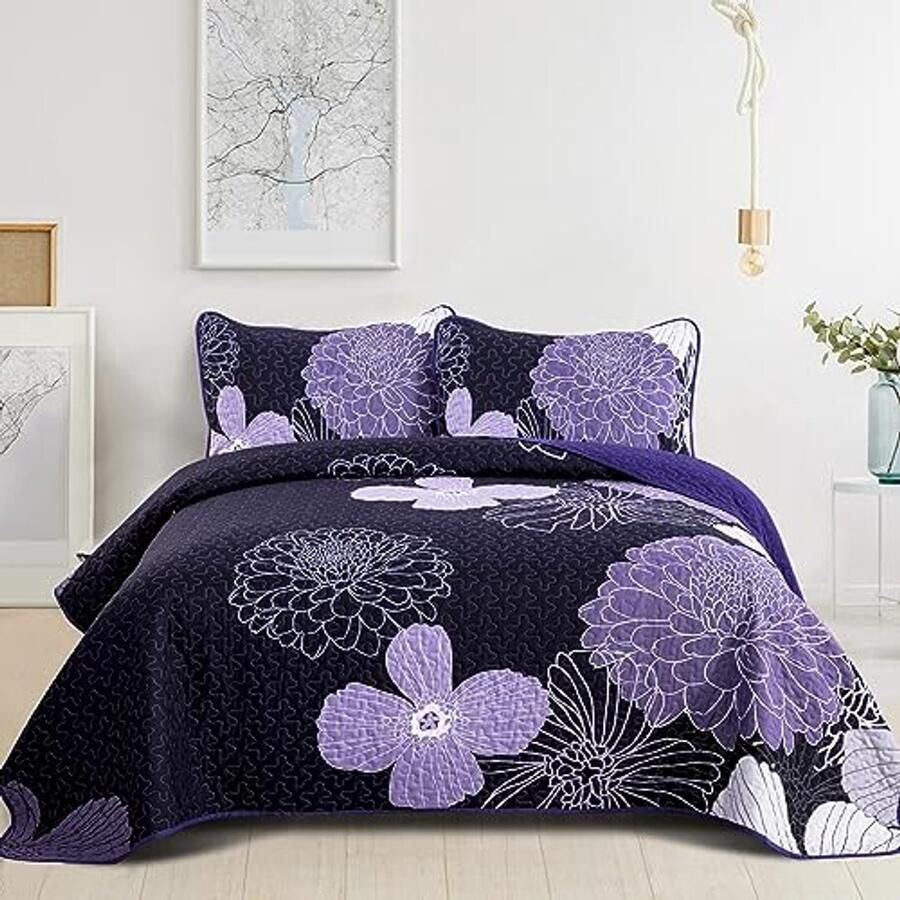 Sprei 220 x 240 cm met paarse bloemen – Zachte gewatteerde deken voor tweepersoonsbed met 2 kussenslopen