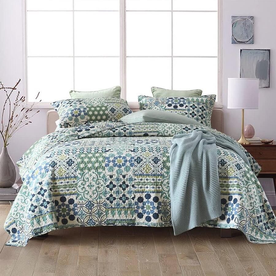 Sprei 220 x 240 cm van 100% Katoen Bohemian Stijl met Bloemenprint Dekbed met 2 Kussenslopen voor Tweepersoonsbed