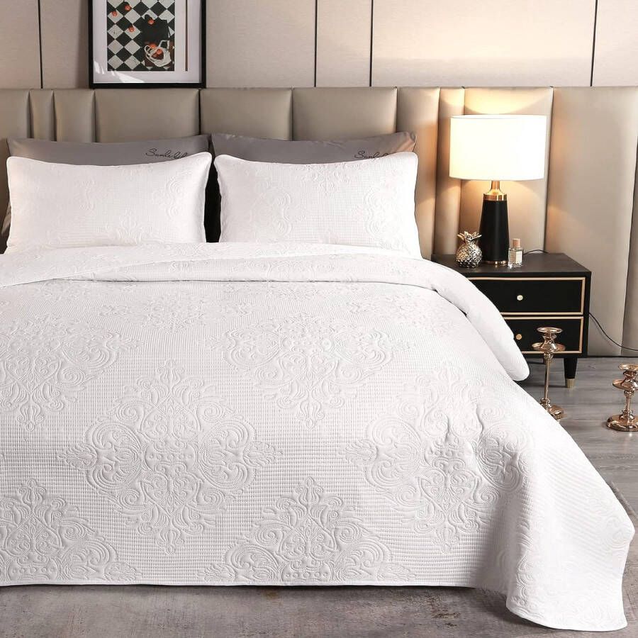 Sprei 220 x 240 cm wit sprei bedsprei met 2 kussenslopen van 50 x 75 cm polyester vintage patroon ultrasoon genaaid woondeken banksprei sprei voor bed