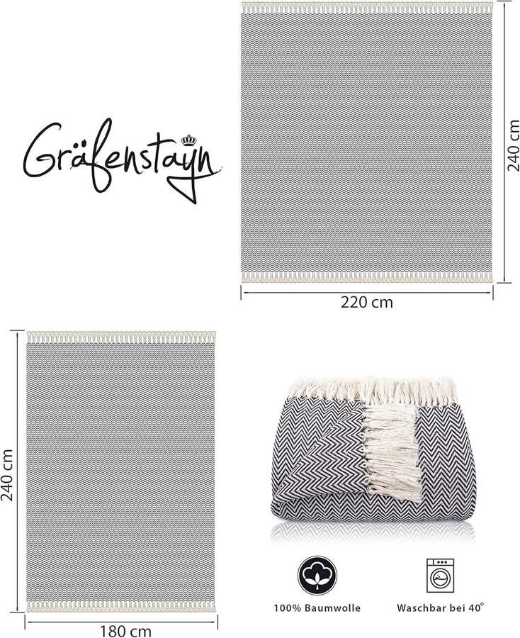 Sprei 220 x 240 cm XXL Visgraatpatroon met franjes 100% Katoen Zomer Deken Katoenen Deken als Bed Deken Bankstel Deken Bank Deken (Antraciet)