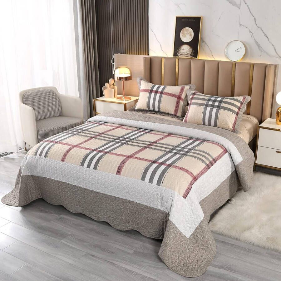 Sprei 240 x 220 cm + 50 x 70 cm x 2 kussenslopen voor tweepersoonsbed bedsprei van polyester plaid ruitpatroon quilt Britse stijl