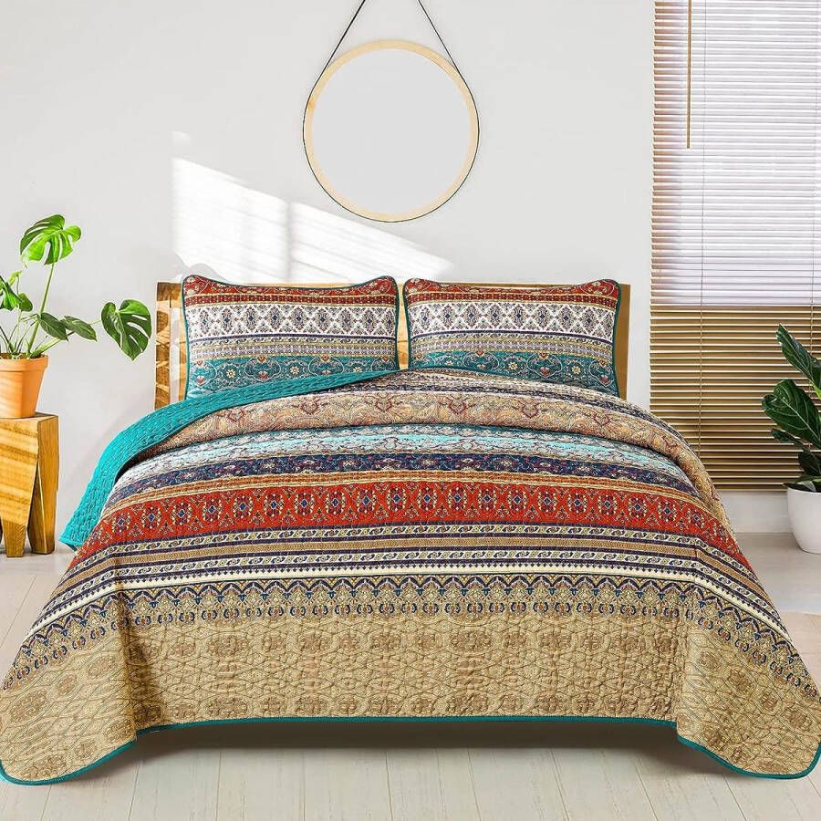 Sprei 240 x 260 cm bedsprei Boho deken quilt 3-delig tweepersoonsbed gewatteerd dekbed microvezel deken met 2 kussenslopen 50 x 75 cm voor slaapkamer als banksprei (bruin)