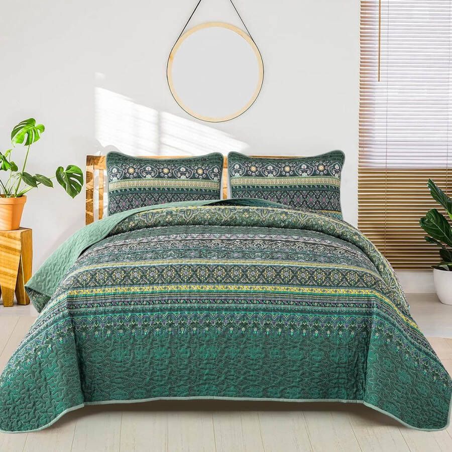 Sprei 240 x 260 cm bedsprei Boho deken quilt 3-delig tweepersoonsbed gewatteerd dekbed microvezel deken met 2 kussenslopen 50 x 75 cm voor slaapkamer als banksprei (groen)