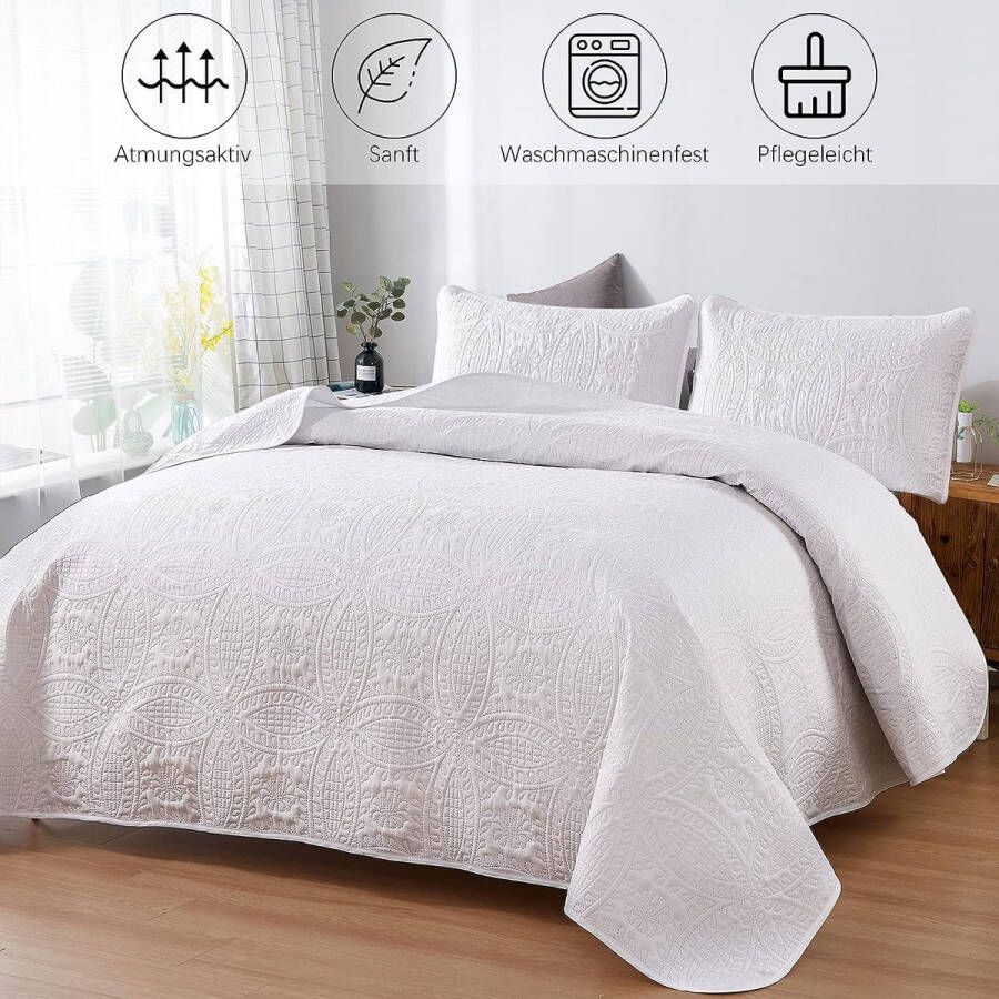 Sprei 240 x 260 cm bedsprei wit woondeken microvezel gewatteerd dekbed tweepersoonsbed gewatteerd deken als slaapkamer dekbed met 2 x 50 x 70 cm kussensloop voor bed