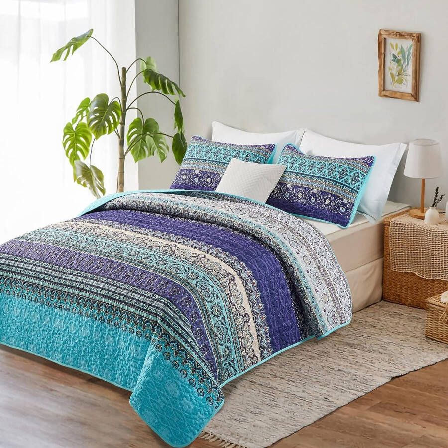 Sprei 240 x 260 cm Boho-stijl gewatteerd tweepersoonsbed Microvezel dekbed Gewatteerde deken 3-delige deken met 2 kussenslopen 50 x 75 cm voor slaapkamer (Bohemian)