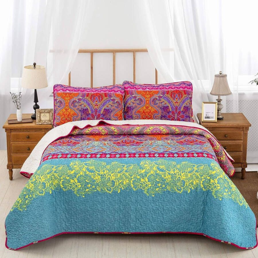 Sprei 240 x 260 cm dekbed bedsprei tweepersoonsbed gewatteerde microvezel Boheems 3-delig dekbed gewatteerde deken met 2 kussenslopen 50 x 75 cm