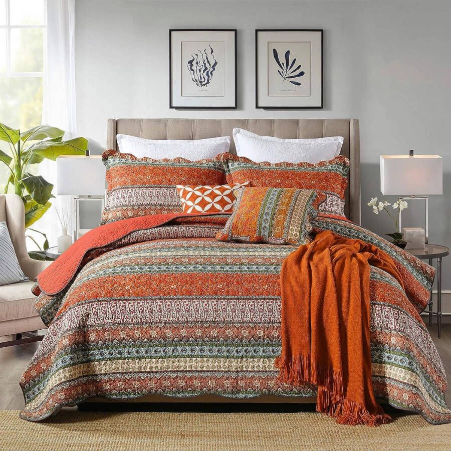 Sprei 240 x 260 cm katoen bedsprei boho-stijl quilt tweepersoonsbed doorgestikt kleurrijke dekenset patchwork woondeken met 2 kussenslopen 50 x 75 cm voor slaapkamer (oranje)