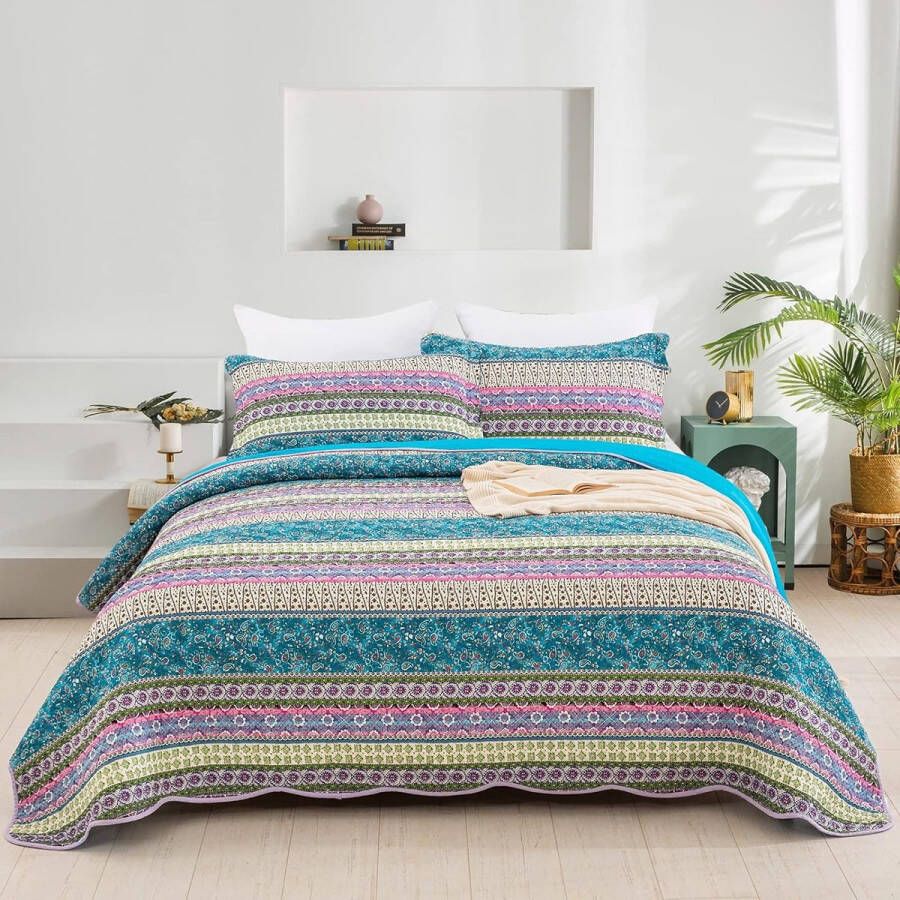 Sprei 240 x 260 cm katoenen bedsprei boho-stijl quilt tweepersoonsbed gewatteerde kleurrijke dekenset patchwork deken met 2 kussenslopen 50 x 75 cm voor slaapkamer (blauw)