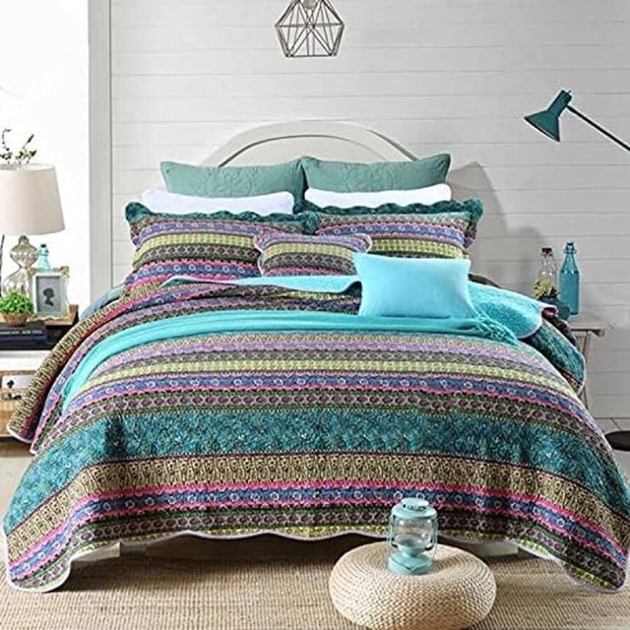 Sprei 240 x 260 cm katoenen sprei boho-stijl quilt tweepersoonsbed gewatteerde kleurrijke dekenset patchwork deken met 2 kussenslopen 50 x 75 cm voor slaapkamer (blauw)