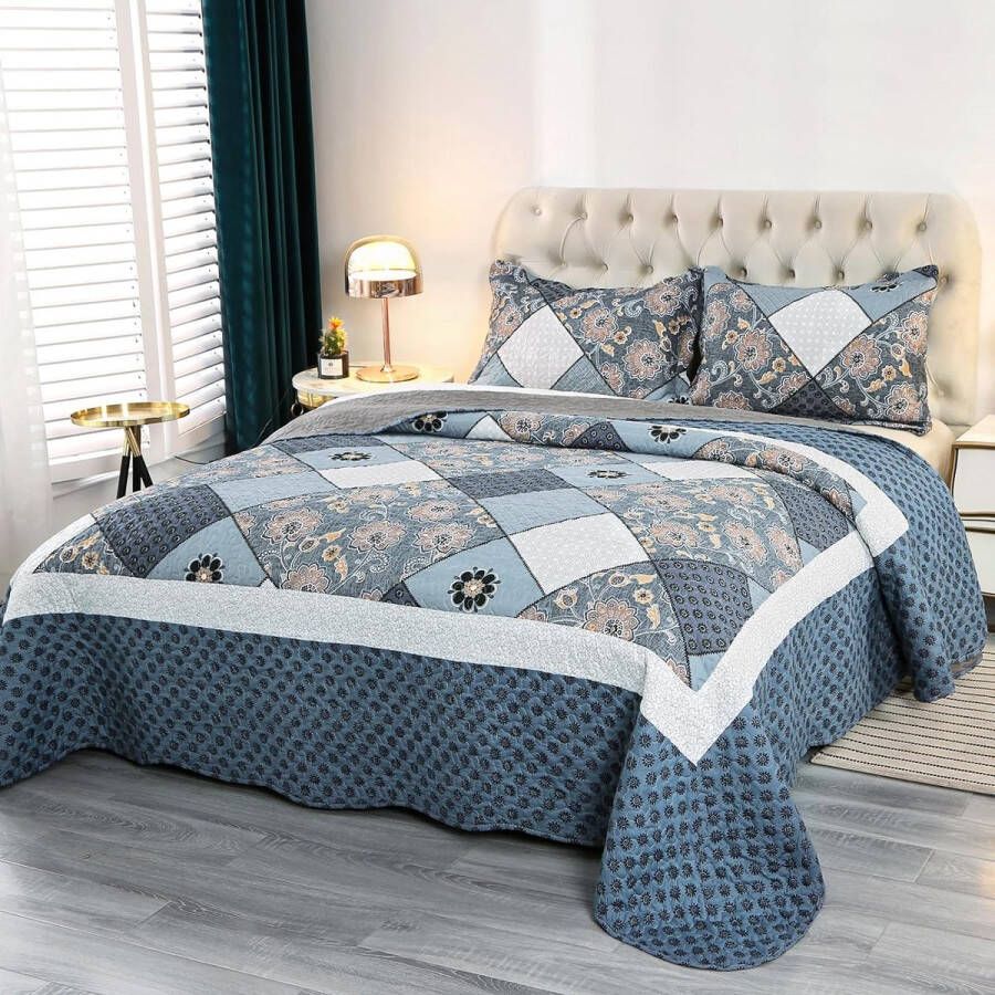 Sprei 240 x 260 cm voor bed patchwork bedsprei van microvezel dun winterdekbed omkeerbaar blauw met bloemenpatroon