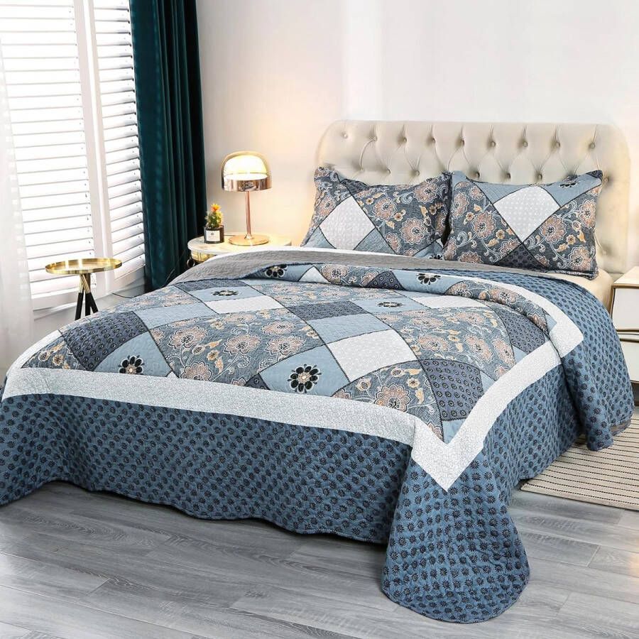Senza Marchio Sprei 240 x 260 cm voor bed patchwork microvezel bedsprei dun winterdekbed omkeerbaar ontwerp blauw met bloemmotief