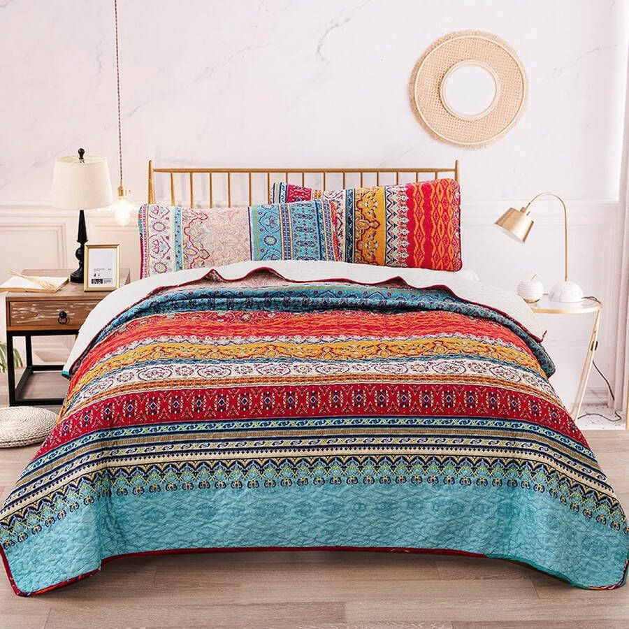 Sprei 240x260 cm Sprei Boho Style Quilt Tweepersoonsbed Gewatteerde microvezel sprei Gewatteerde deken 3-delige deken met 2 kussenslopen 50x70cm voor slaapkamer (Bohemian) - Foto 2