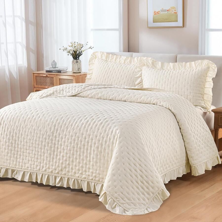 WONGS BEDDING Sprei 240x260 Sprei Beige Deken Gewatteerde Deken 3-Delig Tweepersoonsbed Gewatteerde Sprei Veelzijdige Deken met 2 Kussenslopen 50x75 voor Slaapkamer als Banksprei