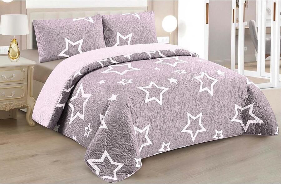 Boutis Spring Summer Bedspread Two Tone Reversible Star Pattern + 2 Pillow Cases 50 x 70 cm Lightweight Thin Transitional Season Bedspread (Bed 150 cm 240 x 260 cm)