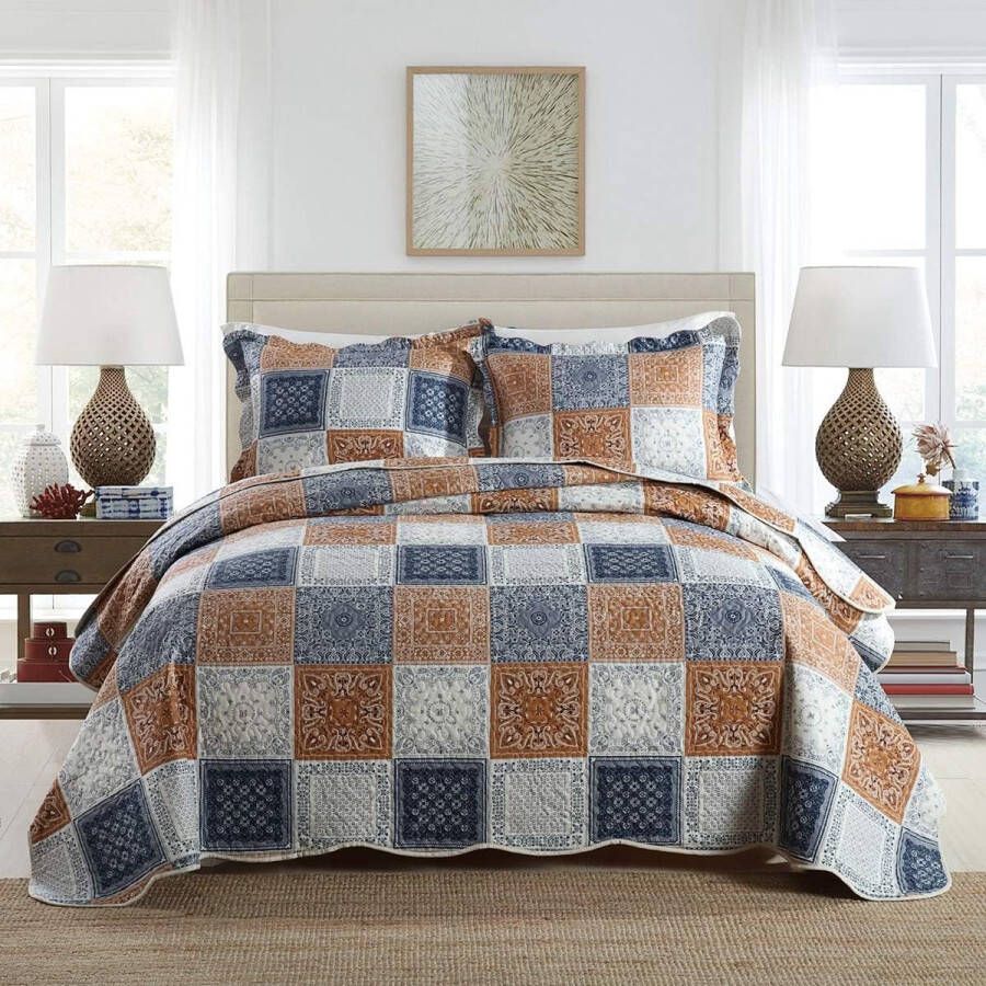 Sprei bedsprei 220 x 240 cm patchwork deken van microvezel bedsprei voor tweepersoonsbed bankdeken gewatteerd en gewatteerd 3-delige set met 2 kussenslopen geruit patroon