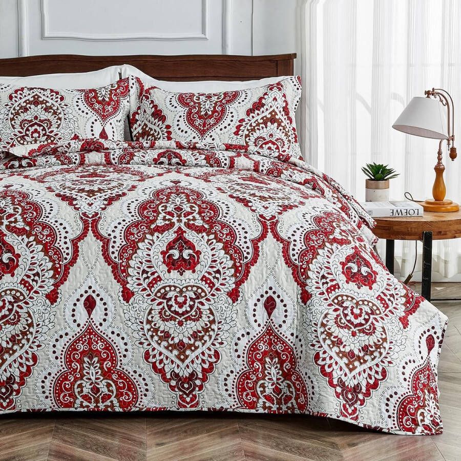 Sprei bedsprei 220 x 240 cm rood microvezel sprei set met 2 kussenslopen 50 x 75 cm voor tweepersoonsbed vintage barok bedsprei licht en dun dekbed voor zomer omkeerbaar design