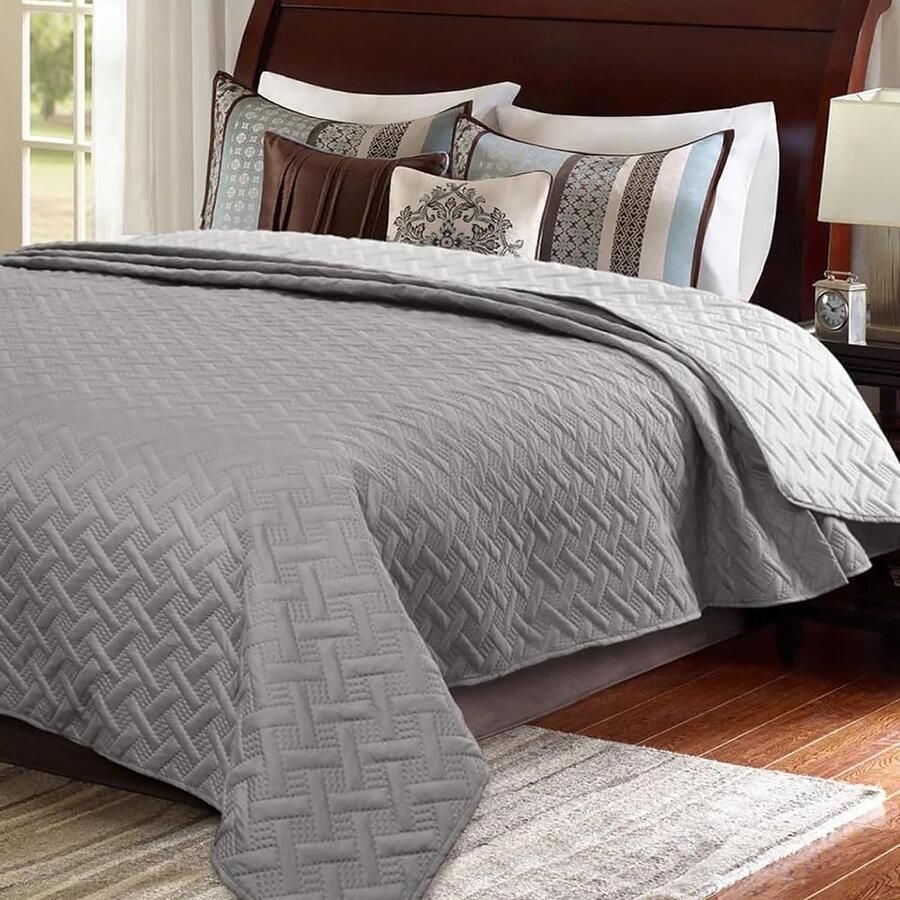 Sprei bedsprei 240 x 260 cm donkergrijs + lichtgrijs patchwork omkeerbaar design beddenspreis van microvezel quilt bij ultrasoon genaaid woondeken bankovertrek sprei voor bed