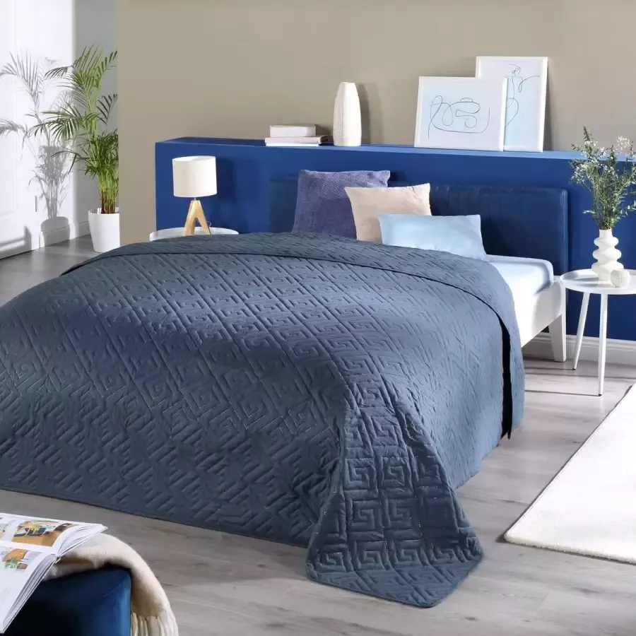 Sprei bedsprei premium blauw voor tweepersoonsbed enkleurig voor slaapkamer 220 x 240 cm