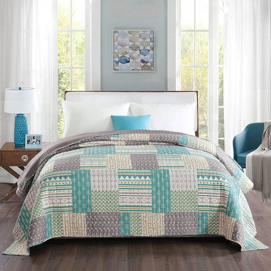 Sprei bedsprei quilt patchwork omkeerbaar design dekbed gewatteerde deken tweepersoonsbed gevoerd en gewatteerd 220 x 240 cm